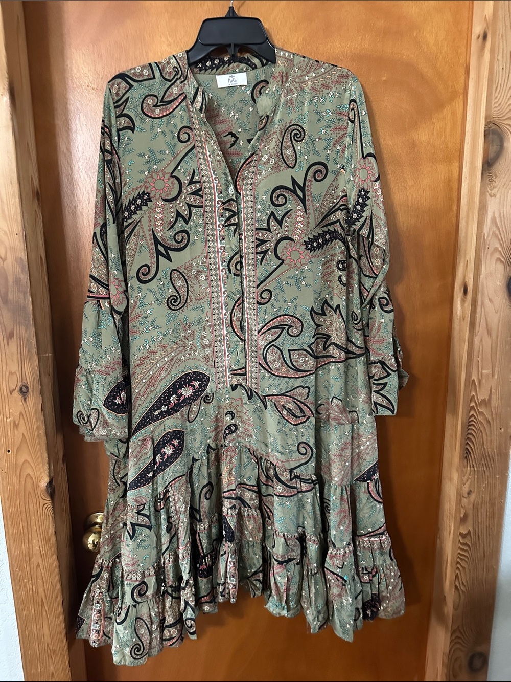 Nola Sage Paisley Tiered Midi Dress with Black & Pink Accents